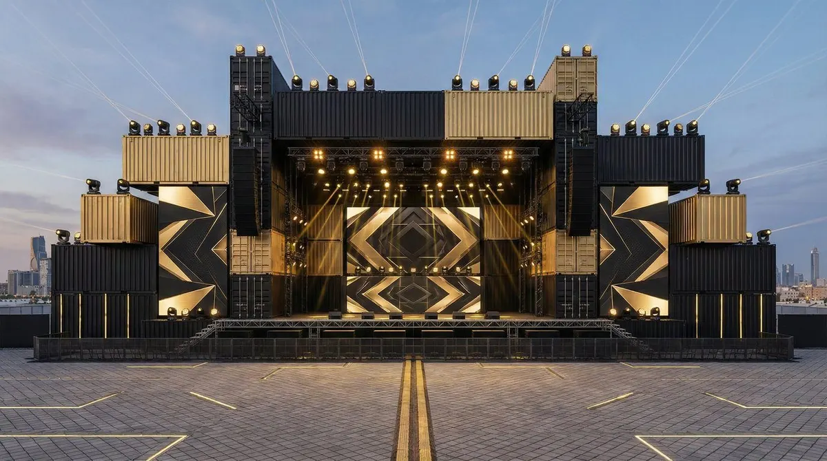 Concept render of the arena stage built from black and gold containers