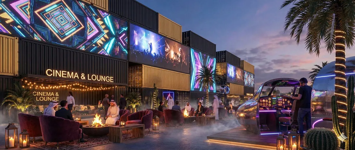 Concept render of the cinema and lounge under large LED screens