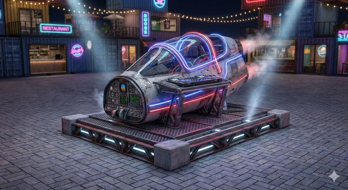 Concept render of an aircraft fuselage on a lit platform in the middle of the boulevard
