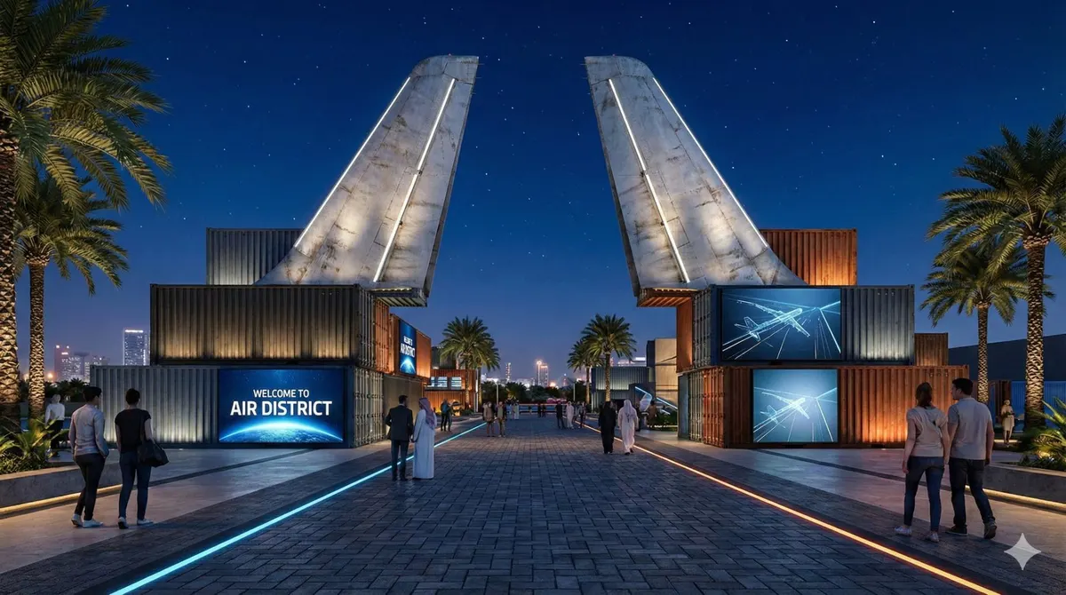 Concept render of the entrance: two aircraft tail fins forming a V-shaped arch over the gate