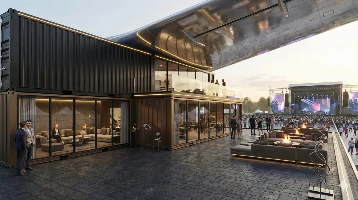 Concept render of an aircraft wing used as a canopy over a container restaurant terrace
