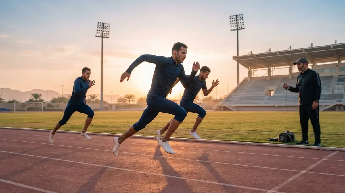 Athletes sprinting on a track at sunrise beside their coach