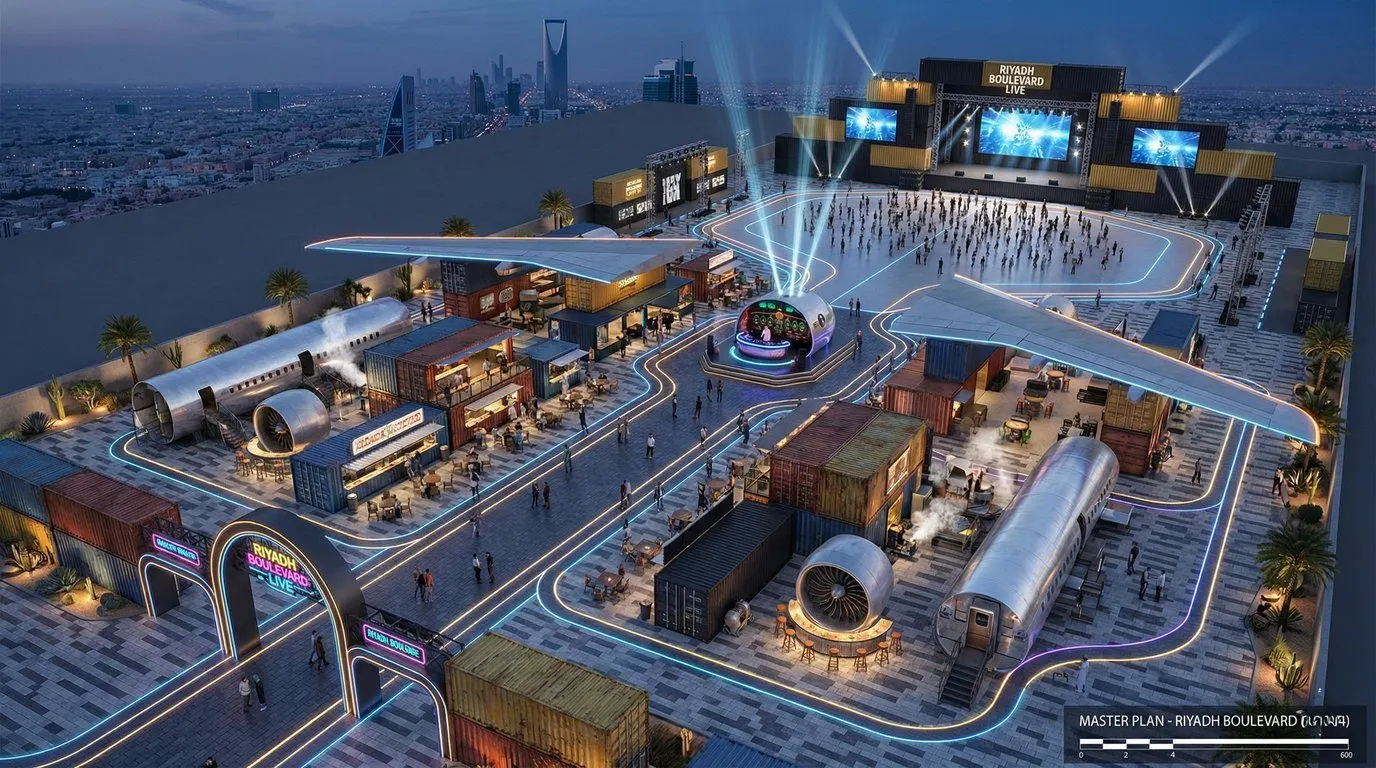 Concept render of AIR DISTRICT from above: the boulevard, containers, wing canopies and the arena